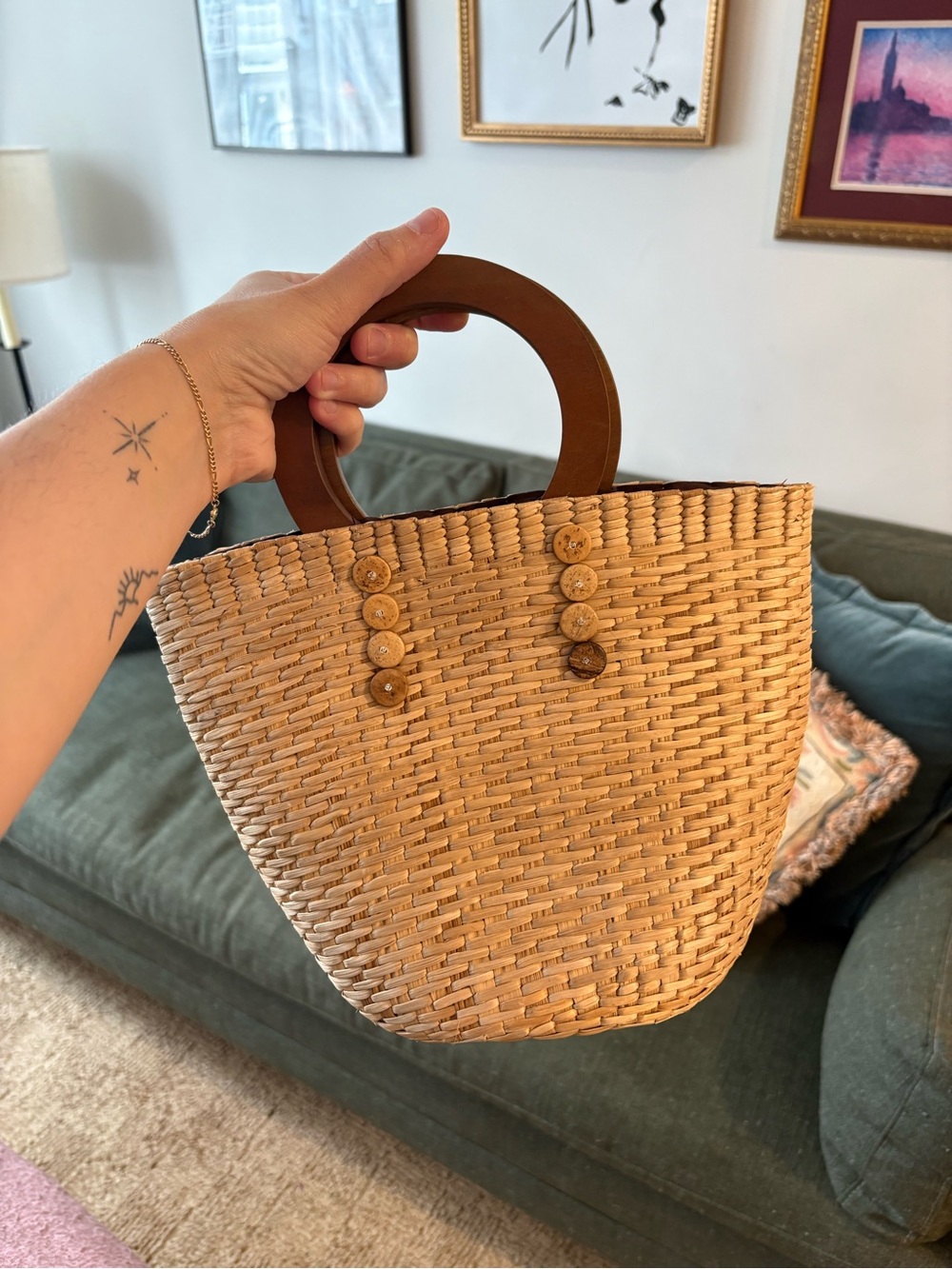 Woven Straw Tote Bag with Wooden Handles - Natural